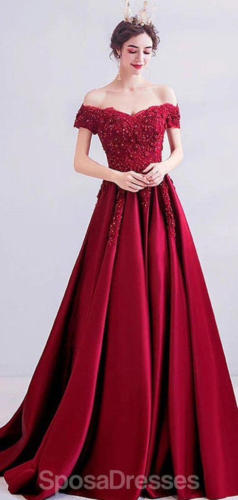Σκούρο κόκκινο off Shoulder Lace Beaded Evening Prom Φορέματα, Βραδινά Κόμμα Prom Φορέματα, 12206