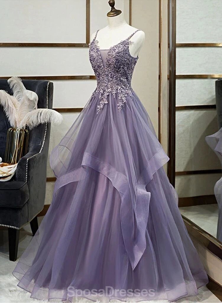 Gris púrpura volantes encaje cuentas largos vestidos de fiesta de noche baratos, vestidos de fiesta de la noche, 12335