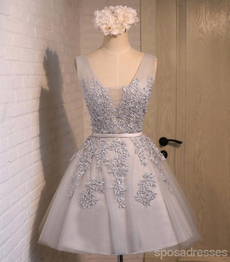 V Ausschnitt Zwei Träger Graue Spitze Perlen Homecoming Prom Kleider, Erschwingliche Kurze Party Prom Kleider, Perfekte Homecoming Kleider, CM288
