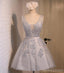 V Ausschnitt Zwei Träger Graue Spitze Perlen Homecoming Prom Kleider, Erschwingliche Kurze Party Prom Kleider, Perfekte Homecoming Kleider, CM288