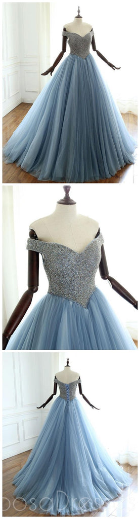 Off Schultern-dusty Blue Beaded A-Line Long Evening Prom Dresses, Billig Sweet 16 Dresses, 18413