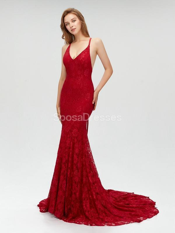 2018 Sexy Backless Maroon Lace Γοργόνα Long Custom Evening Prom Dresses, 17396