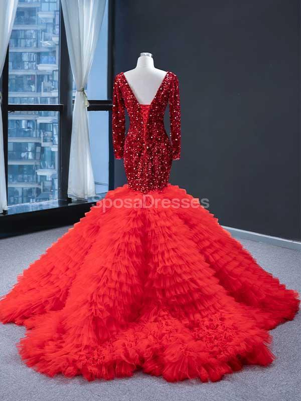 Red Long Sleeves Ruffles Mermaid Evening Prom Φορέματα, Βραδινά Πάρτυ Prom Φορέματα, 12236