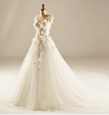 Encolure ronde Voir à travers les fleurs à la main Une ligne Robes de mariée, Robes de mariée sur mesure, Robes de mariée pas chères, WD217