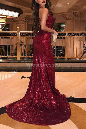 Σπαγγέτι Λουριά Σκούρο Κόκκινο Sequin Γοργόνα Φτηνά Μακριά Φορέματα Χορού Βραδιού, Φορέματα Χορού Κόμματος Βραδιού, 12305
