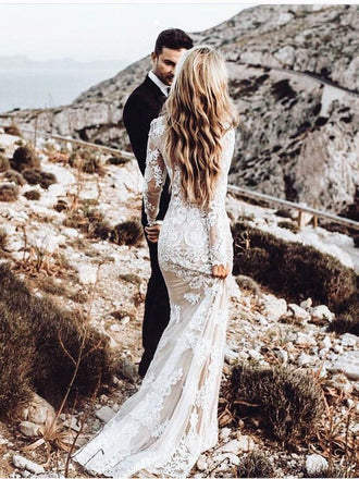 Manches longues en Dentelle Sirène Robes de Mariée en Ligne, pas Cher Plage Robes de Mariée, WD475