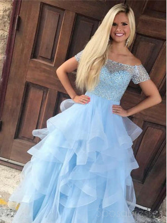 Hors de l'Épaule Bleu Ruffles A-ligne Longue de Soirée, Robes de Bal, 17593