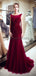 Scoop rouge foncé sirène perlée robes de bal de soirée, robes de soirée, 12062