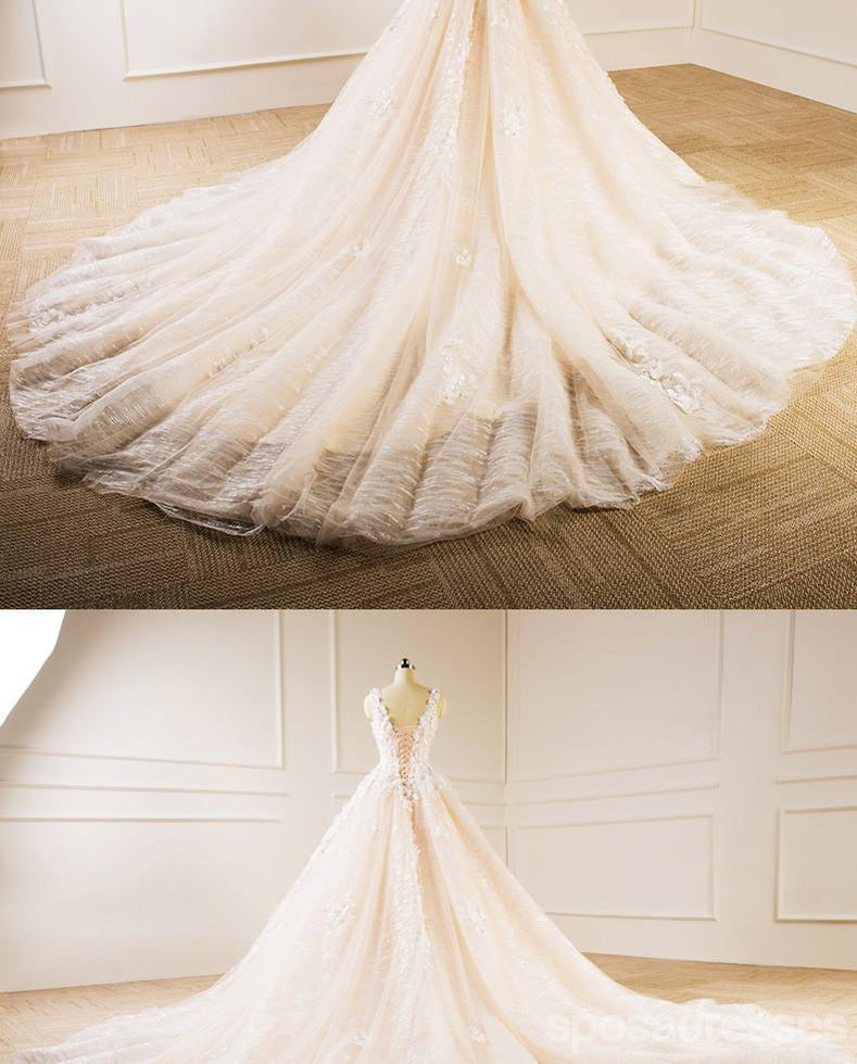 Elegante V Ausschnitt Spitze Lange Schwanz Brautkleider, Nach Maß Brautkleider, Günstige Brautkleider, WD218