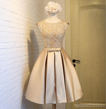 Gold Lace High Neckline Cap Sleeve Homecoming Prom Dresses, Affordable Short Party Prom Dresses, Perfect Homecoming Dresses, CM291