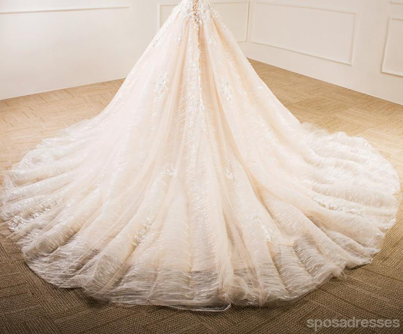 Elegante V cordón del escote trajes de novia de la cola largos, trajes de novia hechos a la medida, vestidos de boda baratos, WD218