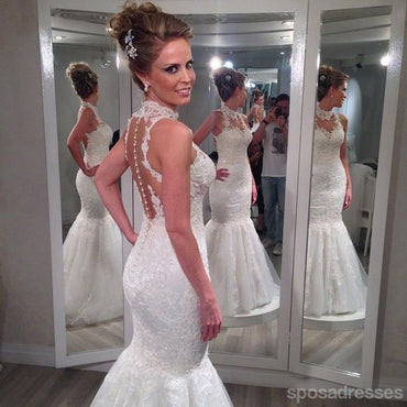 Γαμήλια Φορέματα Γοργόνων Halter Δαντελλών, Προκλητικές Backless Γαμήλιες Εσθήτες Συνήθειας, Προσιτά Νυφικά Φορέματα, 17105