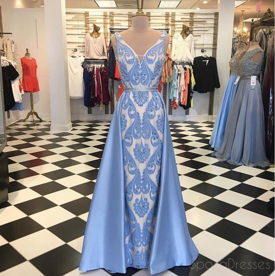 Blaue Stickerei Spitze Meerjungfrau lange Abend Prom Kleider, beliebte billige lange 2018 Party Prom Kleider, 17293