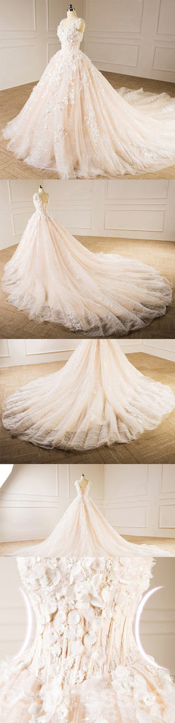 Elegante V Ausschnitt Spitze Lange Schwanz Brautkleider, Nach Maß Brautkleider, Günstige Brautkleider, WD218
