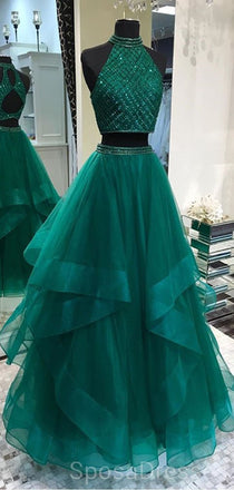 Sexy Two Pieces Emerald Green Open Back Evening Prom Dresses, Cheap Custom Sweet 16 Dresses, 18488
