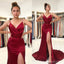 Burgundy Mermaid Spaghetti Straps High Slit Cheap Long Prom Dresses,12840