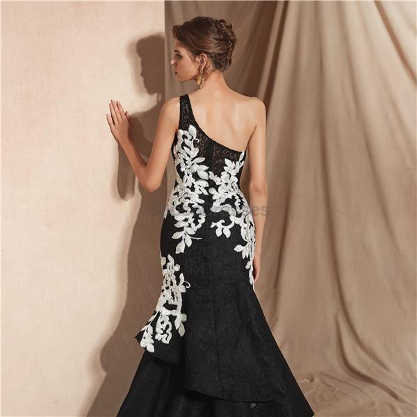 Ένας ώμος βολάν μαύρη γοργόνα βράδυ Prom φορέματα, Βραδινό Κόμμα Prom Φορέματα, 12075