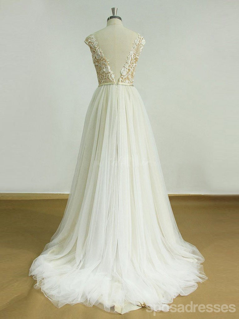 Vestidos de novia baratos con espalda descubierta y manga larga sin mangas en línea, WD345