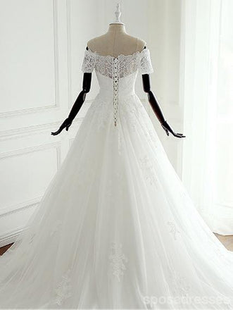 Off Ombro Manga Curta Laço Frisado Uma linha de Casamento Vestidos de Noiva sob medida Vestidos de Noiva, Casamento Acessível Vestidos de Noiva, WD256
