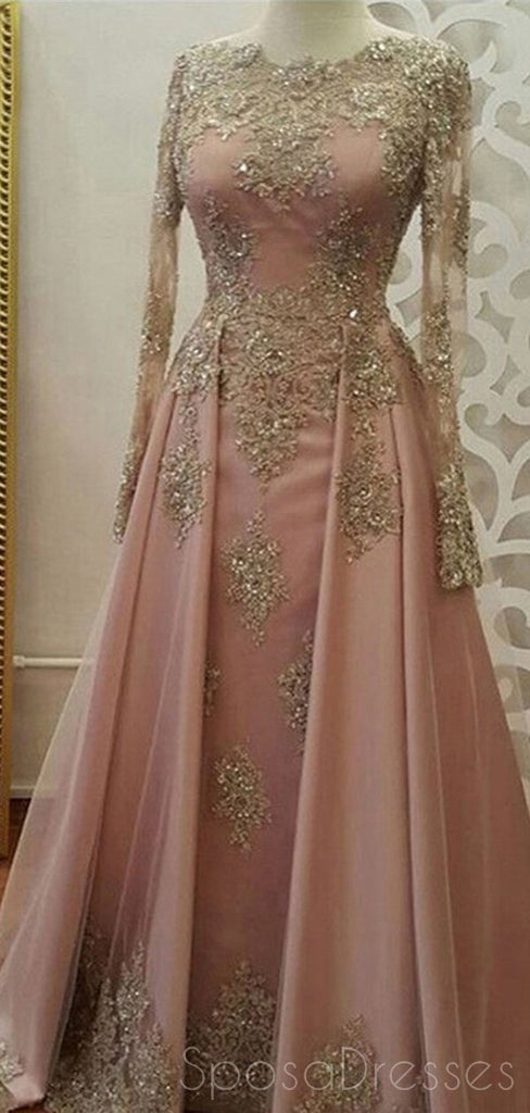 Μακριά μανίκια χρυσό δαντέλα beaded ροζ φούστα μακρύ βράδυ prom φορέματα, φτηνά γλυκά 16 φορέματα, 18357