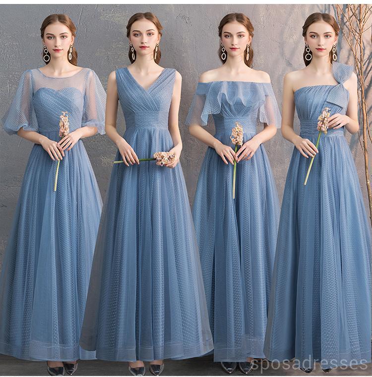 Dusty azul longitud del piso desiguales baratos vestidos de dama de honor en línea, WG533