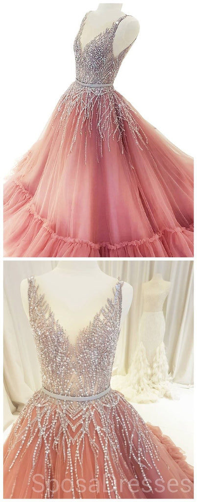 V Neck Sparkly Tulle A-line Ροδάκινο μακρά βραδινά φορέματα Prom, φθηνά Custom Sweet 16 φορέματα, 18506