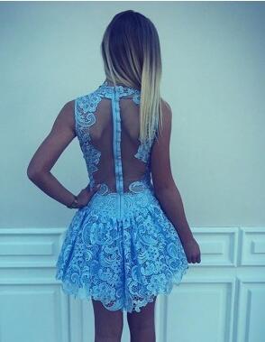 High Neck Blue Lace Illusion Short Φτηνές Φθηνά Φορέματα Σε Απευθείας Σύνδεση, CM563
