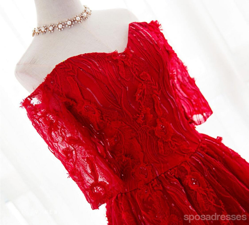 Long Sleeve Red Lace Beaded Homecoming Prom Dresses, Affordable Short Party Prom Dresses, Perfect Homecoming Dresses, CM266