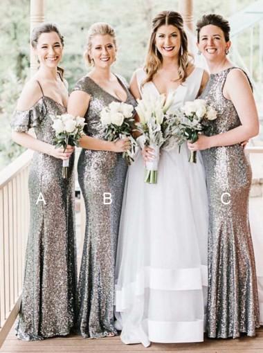 Sequin Silver Sequin Mermaid Long Bridesmaid Vestidos Online, WG306