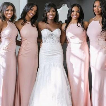 Halter Blush Pink Sereia Cheap Long Bridesmaid Vestidos Online, WG362
