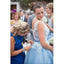 Illusion Light Blue Lace Applique Vestidos de dama de honor cortos baratos en línea, WG330