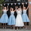 Illusion Light Blue Lace Applique Vestidos de dama de honor cortos baratos en línea, WG330