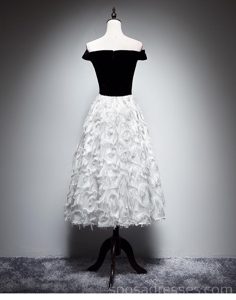 Fuera del hombro Vestidos de fiesta baratos en blanco y negro de plumas en línea, vestidos de baile cortos baratos, CM757