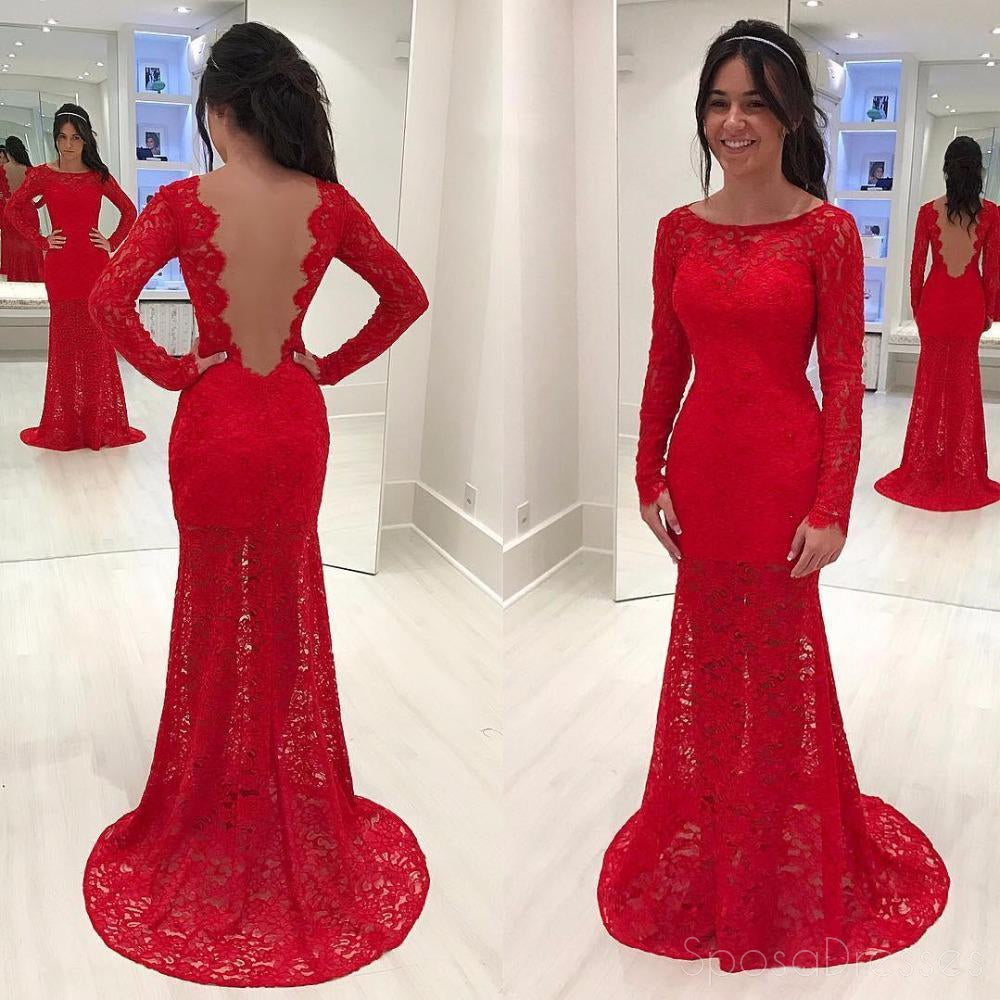 Sexy Backless Red Long Sleeve Lace Mermaid Evening Prom Dresses, Popular Party Prom Dresses, Custom Long Prom Dresses, Cheap Formal Prom Dresses, 17164