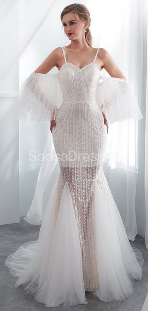 Sexy bretelles spaghetti dentelle sirène robes de mariée en ligne, robes de mariée uniques, WD575