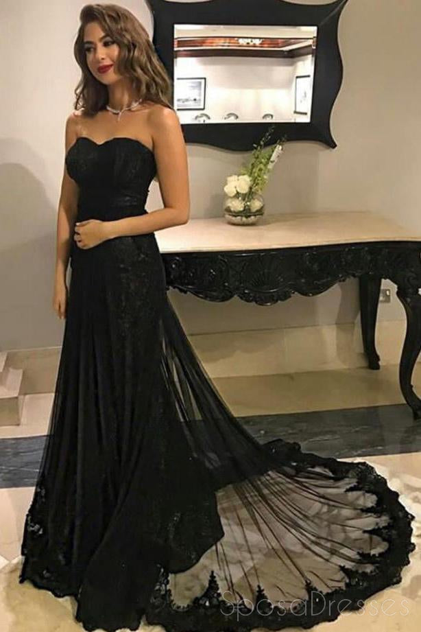 Sweetheart Black Lace A line Long Evening Prom Dresses, 17506