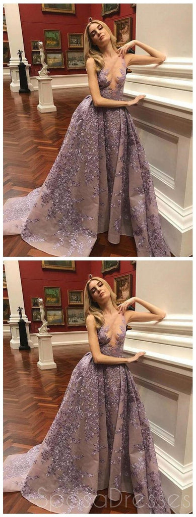 Dusty Purple Lace Μια γραμμή Scoop Φτηνές Μακριά Βραδινά φορέματα Prom, Φτηνές Sweet 16 Φορέματα, 18377
