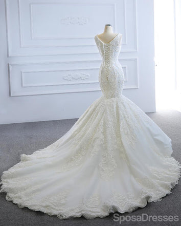 V Neck Lace Mermaid Wedding Dresses, Cheap Wedding Gown, WD716