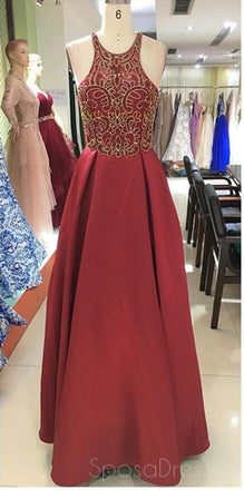 Sexy Open Back Halter Gold Beading Dark Red Long Evening Prom Dresses, Popular Cheap Long 2018 Party Prom Dresses, 17296