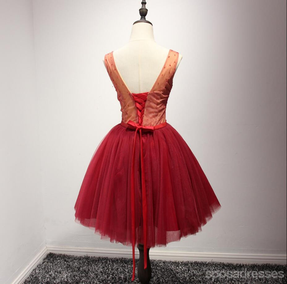 V Ντεκολτέ Κόκκινη Δαντέλα Δείτε Μέσα από Homecoming Prom Φορέματα, Οικονομικά Σύντομο Κόμμα Κορσέ Πίσω Φορέματα Prom, Τέλεια Homecoming Φορέματα, CM229