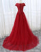 Red Lace Cap Sleeve V Neckline Sexy See Through Long Evening Prom Dresses, Popular Cheap Long Custom Party Prom Dresses, 17335