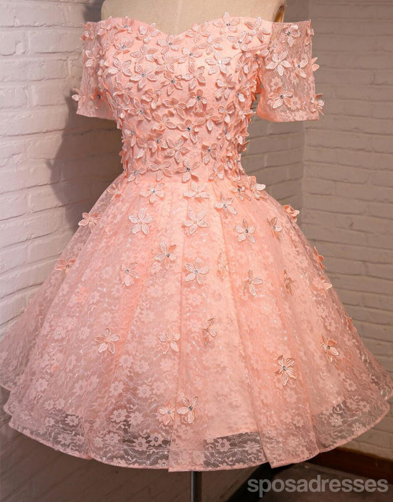 Off Shoulder  Short Sleeve Peach Lace Beaded Homecoming Prom Dresses, Affordable Short Party Prom Dresses, Perfect Homecoming Dresses, CM294