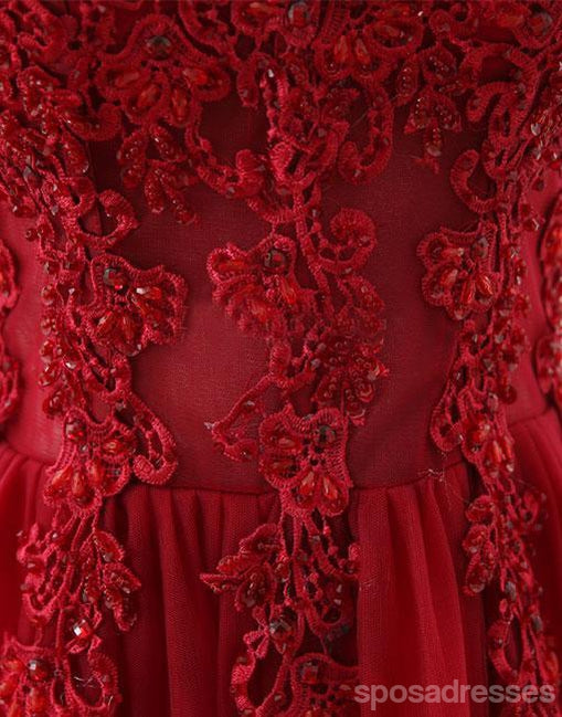 Rote Spitze Cap Sleeve V Ausschnitt Sexy Durchsichtige Abendkleider, lange beliebte benutzerdefinierte Partykleider, 17335