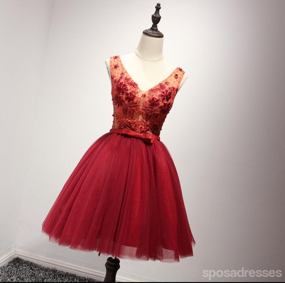 V Ντεκολτέ Κόκκινη Δαντέλα Δείτε Μέσα από Homecoming Prom Φορέματα, Οικονομικά Σύντομο Κόμμα Κορσέ Πίσω Φορέματα Prom, Τέλεια Homecoming Φορέματα, CM229