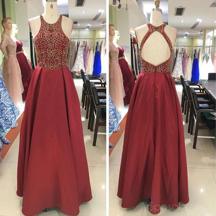 Sexy Open Back Halter Gold Beading Dark Red Long Evening Prom Dresses, Popular Cheap Long 2018 Party Prom Dresses, 17296