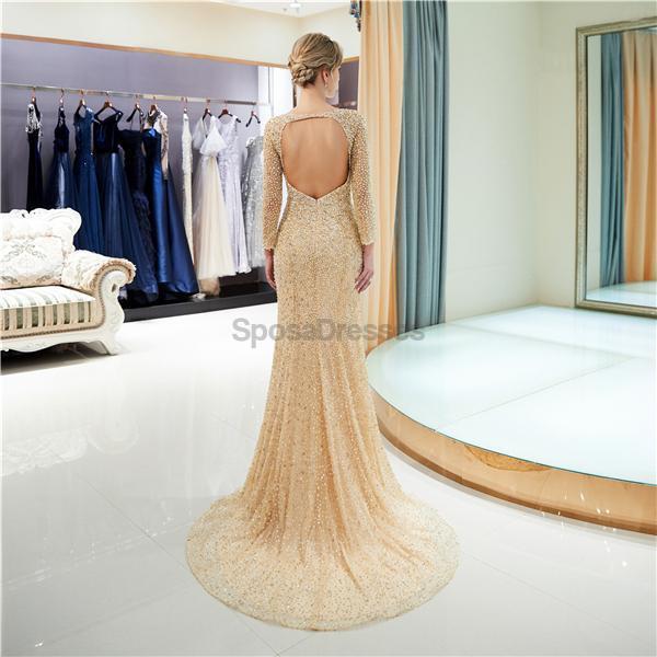 Manches longues Open Back Mermaid Gold Beaded Evening Prom Dresses, Evening Party Prom Dresses, 12058
