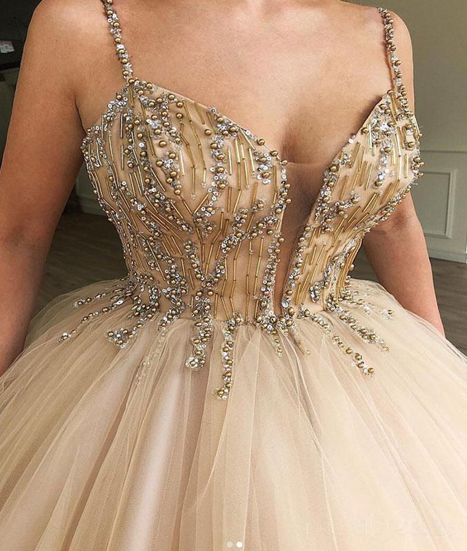 Σπαγγέτι λουράκια Beaded Ball Gown Tulle Φθηνά μακρά βραδινά φορέματα Prom, Custom Sweet16 φορέματα, 18412