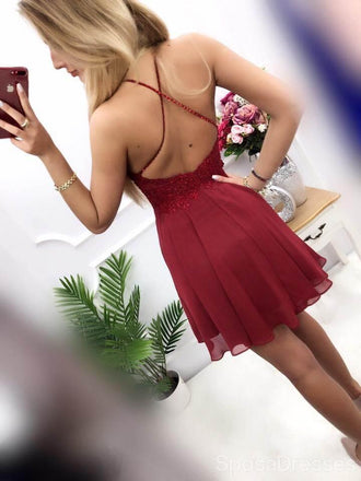 Halter σκούρο κόκκινο απλικέ σιφόν σύντομη φτηνά φορέματα homecoming σε απευθείας σύνδεση, CM816