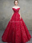 Κόκκινο από τον ώμο δαντέλα μπάλα φόρεμα μακρύ βράδυ prom φορέματα, βραδινό κόμμα prom φορέματα, 12216