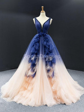 V Neck Ombre A-ligne robes de bal longues et pas chères, robes de soirée, 12249